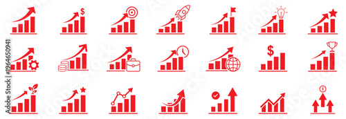 Growth icon set. Containing performance, gain, improvement, grow, chart, increase, evolution and development icons.