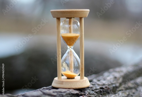 Hourglass as a symbol of passing time outdoor park nature tree background	
