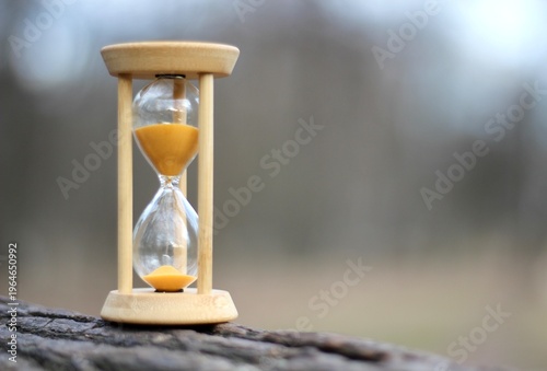 Hourglass as a symbol of passing time outdoor park nature tree background	
