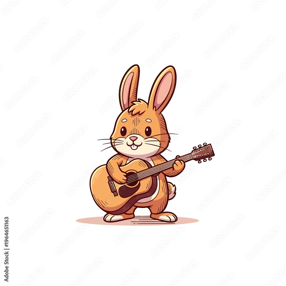 Obraz premium A cute cartoon brown rabbit happily playing an acoustic guitar, standing on a white background.