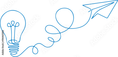 Hand drawn blue lightbulb connected to paper airplane by loose squiggly line idea creativity