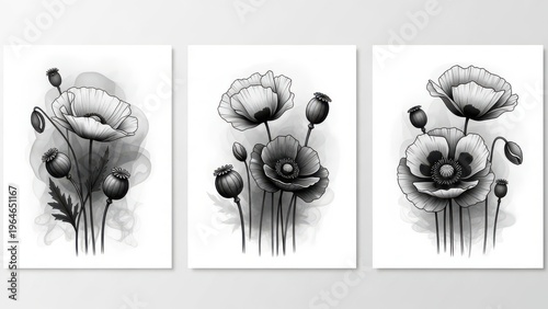 Monochromatic poppy illustrations in minimalist panels