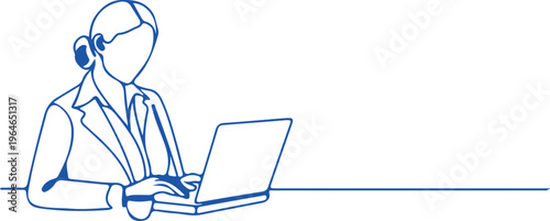 Line woman wearing headset working on silver laptop