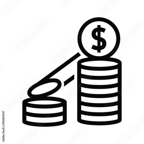 A magnifying glass inspecting a stack of coins with a dollar sign on top while another stack remains untouched beside it