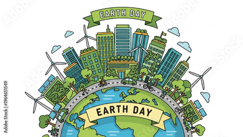 Green Earth Day Celebration Featuring Sustainable Cityscape with Wind Turbines and Lush Vegetation