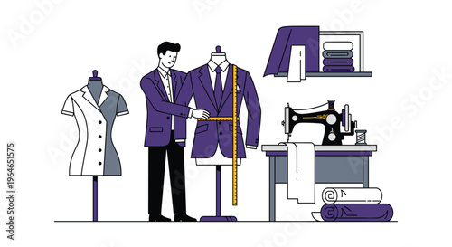 Illustration of a man measuring a suit on a mannequin with a dress form and sewing machine in the background for fashion design and tailoring, Generative AI.