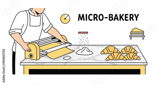 Illustration of a baker preparing croissants at a microbakery with a pastry cutter and ingredients on a table, Generative AI.