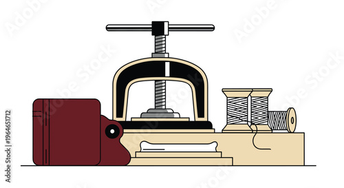 An illustration of a bookbinding press machine with a leatherbound book and thread spools on a table, Generative AI.