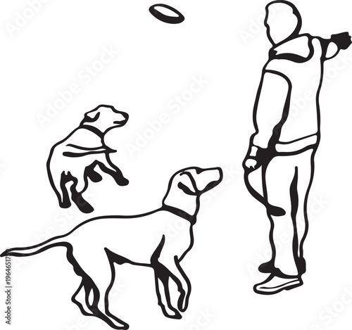 Man throwing frisbee with two dogs jumping in black and white line