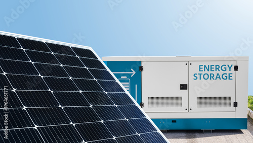 Solar panel with battery energy storage container in the background