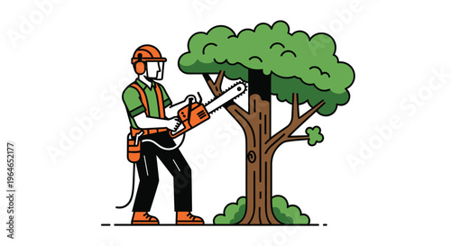 A cartoon illustration of a lumberjack in safety gear using a chainsaw to cut down a tree with a green canopy, Generative AI.