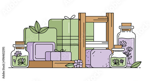 A colorful illustration of various spa and beauty products including soap lotion and perfume bottles arranged on a wooden rack and table, Generative AI.