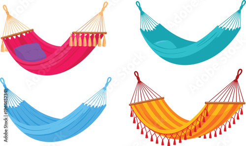 Hammock Vector Set with Colorful Hanging Fabric Beds Featuring Relaxation, Outdoor Leisure and Vacation Comfort for Garden, Beach and Camping Design