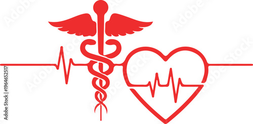 Red medical caduceus and heartbeat line connected by e c g graph medical symbol ecg line