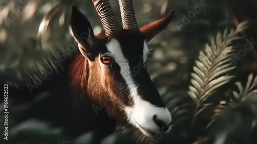 Mystical Gaze of Sable Antelope: A Captivating Encounter Within Lush Verdant Foliage and Nature's Embrace