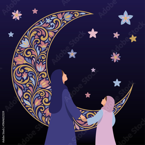 Mother and daughter admiring crescent moon and stars.