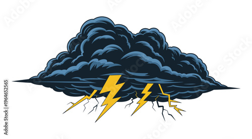 Dramatic storm clouds with bright yellow lightning bolts on a white background, intense weather phenomenon depiction