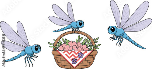 Cute dragonflies flying around flower basket isolated on white background nature insect cartoon vector illustration collection