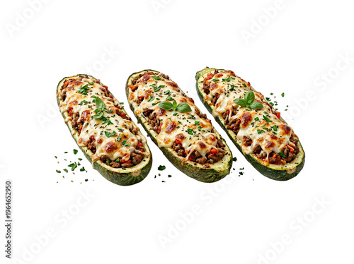 Stuffed zucchini boats with minced meat and melted cheese, baked courgette halves with savory beef filling, keto friendly mediterranean dinner isolated PNG with Transparent Background