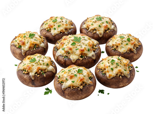 Gourmet stuffed mushrooms with melted cheese and parsley, savory baked mushroom appetizers, roasted portobello caps with golden crust on white background