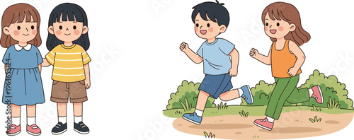 Cute kids standing and running together isolated on white background happy childhood activity cartoon vector illustration collection