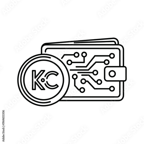 Creative combination of a circuit board and a coin featuring the letters kc inside a wallet design
