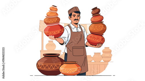 Potter’s Skill and Tradition: A skilled artisan, a potter, showcases his handcrafted pottery, embodying tradition and artistry. He carefully displays the stack clay pots.