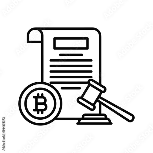 A stylized depiction of a legal document resting on a scale with a bitcoin symbol prominently featured beside it, symbolizing cryptocurrency regulations and compliance
