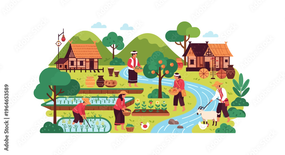 Fototapeta premium Traditional Farming Village Life in Southeast Asia: Farmers Cultivating Rice, Harvesting Fruits, and Tending Animals in a Green Landscape Vector