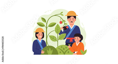 Happy Asian Family Harvesting Organic Produce in Garden - Father, Mother, Child Farming Illustration