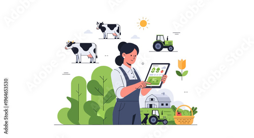 Smart Farming Technology: Female Farmer Manages Agriculture with Digital Tablet
