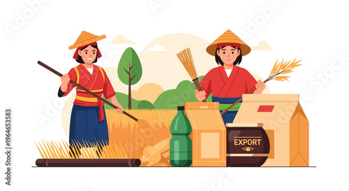 Asian Farmers Harvesting Rice and Grain for Export. Traditional Agriculture, Food Production, and Rural Economy. Flat Vector Illustration.