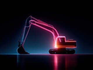 Neon silhouette of excavator with glowing contour lines against a dark industrial background, showcasing a minimal style and clean composition without text or logos