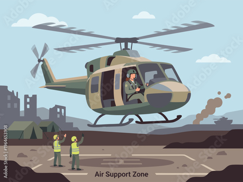 Military Helicopter Landing Zone with Soldiers.
