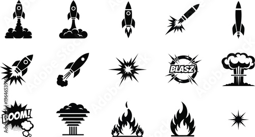 Collection of black and white rocket and explosion icons