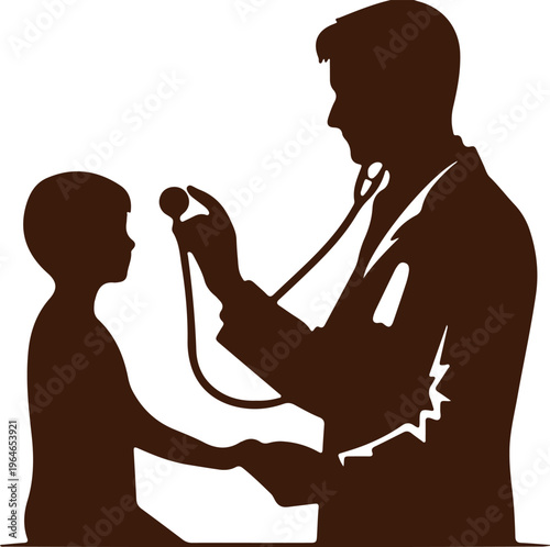 Silhouette of a doctor adjusting a stethoscope around a patient's neck in a profile view