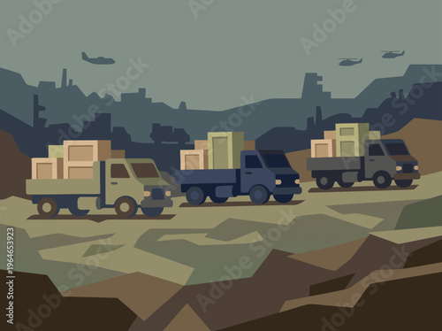 Military convoy of trucks carrying supplies through a war-torn landscape.