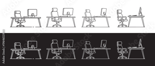 A collection of hand drawn sketch illustrations showing office desks with chairs and monitors.