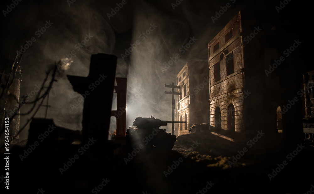 Fototapeta premium War Concept. Military silhouettes fighting scene on war fog sky background, World War Soldiers Silhouette Below Cloudy Skyline At night. Battle in ruined city.