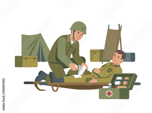 Military medic tending to wounded soldier on stretcher.