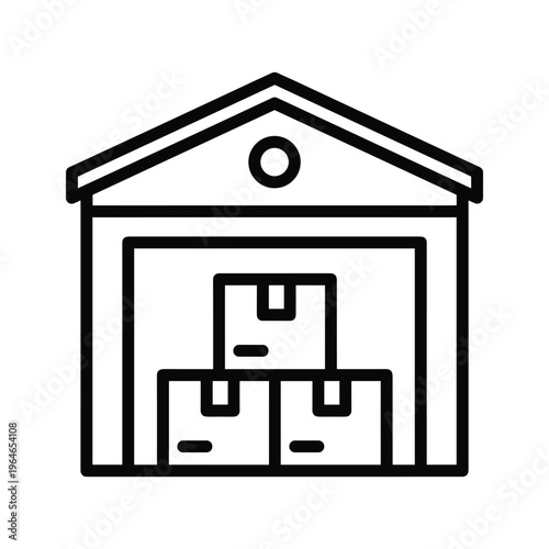 A simple black and white line drawing of a garage with a single door and a small circular window above it