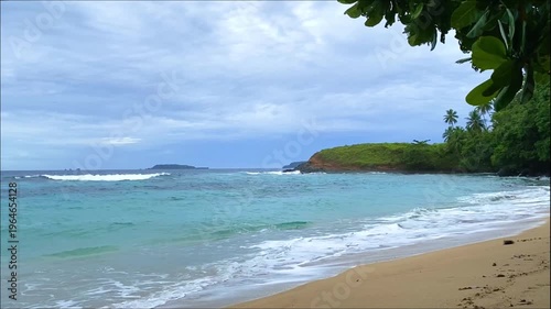 Beautiful beach views in the Sangihe Islands, North Sulawesi, Indonesia - january 30th 2026. White sand with open sea and coconut trees. 