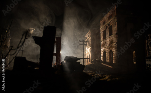 War Concept. Military silhouettes fighting scene on war fog sky background, World War Soldiers Silhouette Below Cloudy Skyline At night. Battle in ruined city.