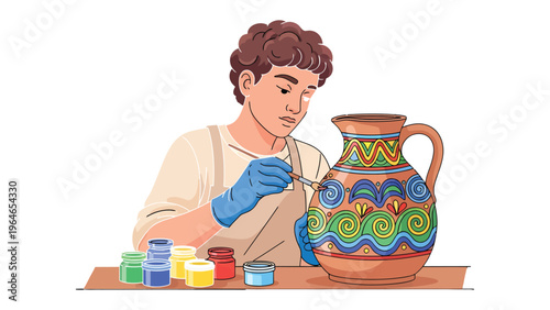 Artisan's Artistic Expression: A skilled artisan, absorbed in the creation process, meticulously paints an elaborate design on a ceramic jug, showcasing dedication and craftsmanship.