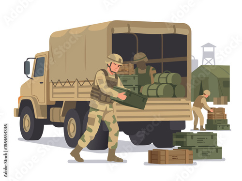 Military personnel unloading supplies from a truck.