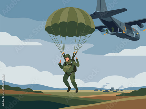 Military Paratrooper Descending from Aircraft.