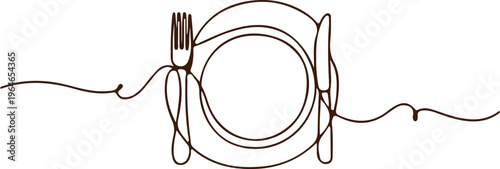 Simple black line of fork and plate on wavy tablecloth background