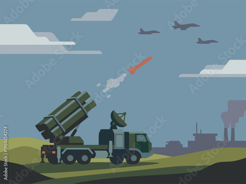 Military rocket launcher firing missile with fighter jets in the sky.