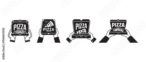 A collection of four monochrome icons showing human hands holding various cardboard pizza boxes.