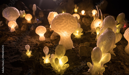 Abstract Miniature of Another Planet with Giant Glowing Mushrooms. A Nighttime Scene on an Alien World, Illuminated by the Soft Glow of Otherworldly Fungi.
